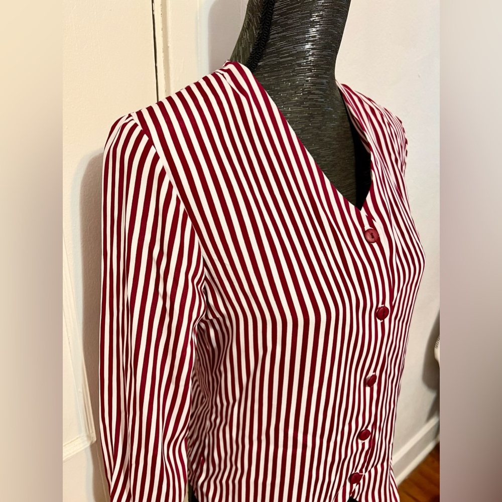 Notation Petite Raspberry & White Striped  Vintage Blouse 3/4 Sleeves Size 4